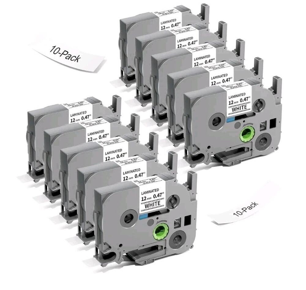 Fits PT-D600 PT-1230PC Laminated 12mm 0.47" White W/Black Letter 10 Pack